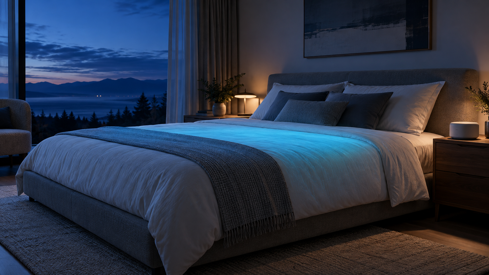A calm modern bedroom with a subtle smart sleep layer and bedside hub